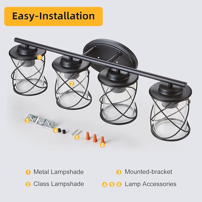 mavcadonf Bathroom Vanity Light Fixtures Over Mirror, 4 Lights Modern Bathroom Wall Lamp for Mirror Kitchen Living Room Hallway Cabinet Porch, Farmhouse Wall Lights with Cage Shade, Matte Black