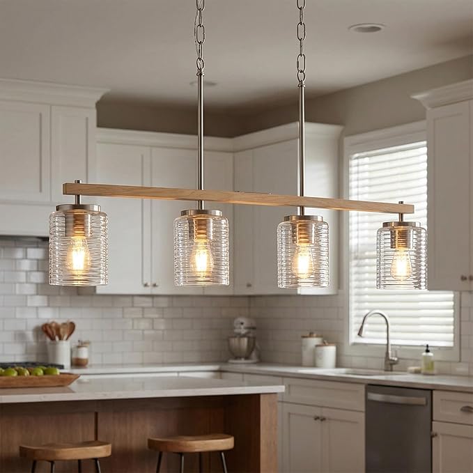 36" 4-Light Kitchen Island Chandelier with Clear Glass Jars, Linear Pendant Light for Kitchen Island Lighting, Farmhouse Hanging Kitchen Lights, Adjustable 70.8" Drop, E26 Bulbs Not Included