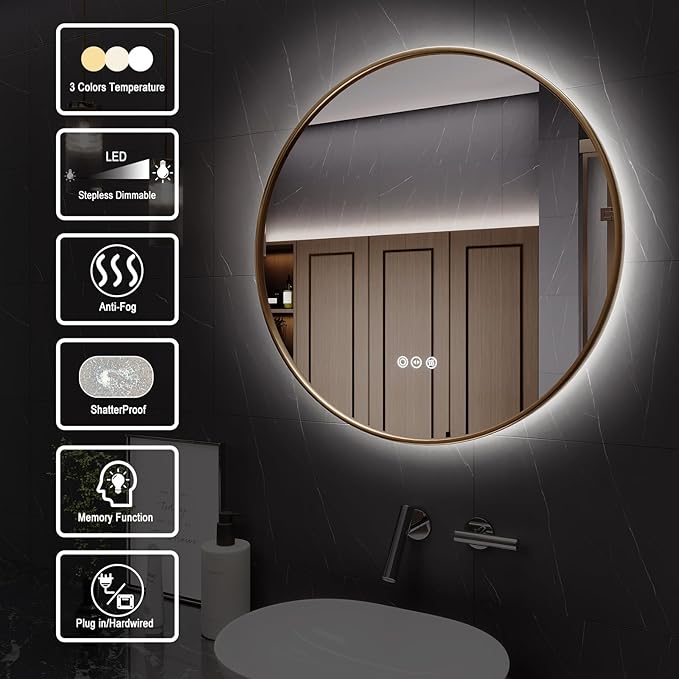 Round Bathroom Mirror with Lights, 32x32 Inch Vanity Mirror with Backlit, Anti-Fog, 3 Colors and Stepless Dimmable Wall Mounted Makeup Mirror with Metal Frame (Gold)