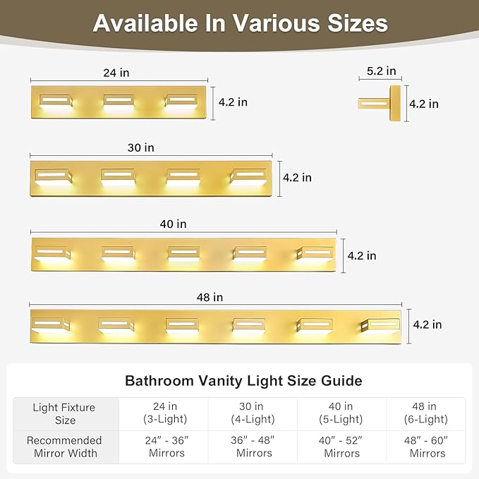 LED Modern Bathroom Light Fixtures, 4-Light 30-Inch Gold Vanity Lights for Bathroom Lighting Fixtures Over Mirror, 6000K Cool White 350° Rotatable Wall Lamp