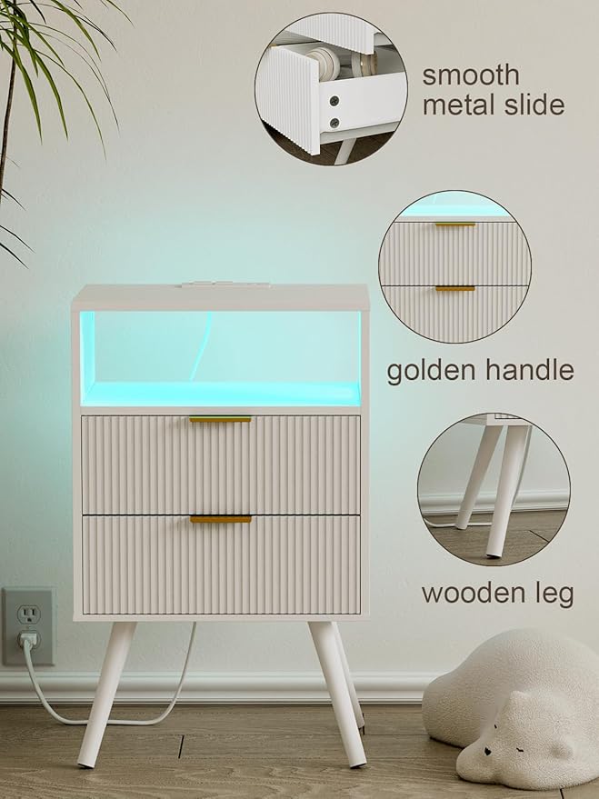Nightstand with Charging Station and LED Lights, Modern Bedside Table with 2 Storage Drawer and Open Wood Shelf for Bedroom and Small Spaces, Night Stand with Solid Wood Legs