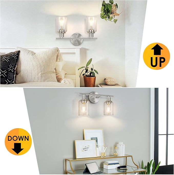 FOLKSMATE Bathroom Light Fixtures, 2-Light Brushed Nickel Vanity Light, Silver Wall Sconce Lighting, Modern Bath Wall Mounted Lighting with Glass Shade, Porch Lamp for Living Room, Bedroom, Hallway