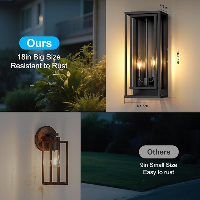 2-Pack Large Outdoor Wall Lanterns, 18” Exterior Waterproof Rectangular Sconce with Glass Shades, Matte Black Porch Lights, Anti-Rust 2-Light Modern Light Fixtures for Patio Garage Entryway Front Door
