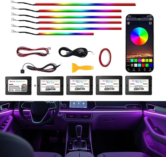 RGB 6 in 1 Interior Car LED Strip Light with Wireless APP,16 Million Interior Lights Car Dreamcolor Acrylic Ambient Lighting 600 LED Music Sync Neon Lights Kits (6 in 1 Set + App Control)