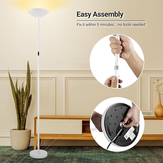 BoostArea Dimmable Floor Lamp,30W 3000LM Super Bright LED Torchiere Standing Lamp with Remote & Touch Control,71 in Tall Pole Sky Modern Floor Lamps for Living Room Bedroom Office,2700k-6500k,White