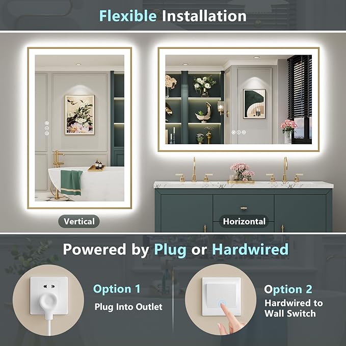 50x36 Gold LED Bathroom Mirror with Lights, Brushed Gold Framed Backlit and Front Lit Anti-Fog Lighted Vanity Mirrors for Bathroom Wall, Dimmable, 3 Colors, Memory, HD Tempered Glass, CRI＞90