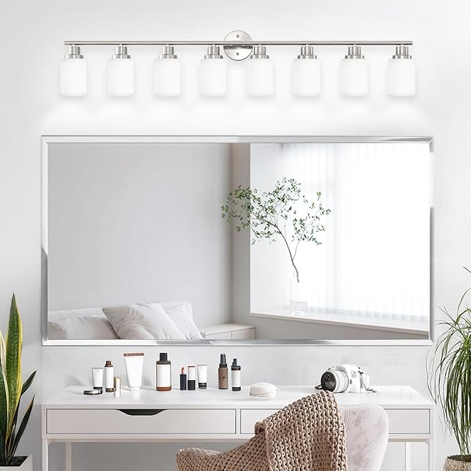 8-Light Vanity Lights, Brushed Nickel Bathroom Light Fixture with Striped Textured Milky White Glass Shade, E26 Modern Vanity Lighting Fixture for Bathroom Wall Sconce Light Over Mirror