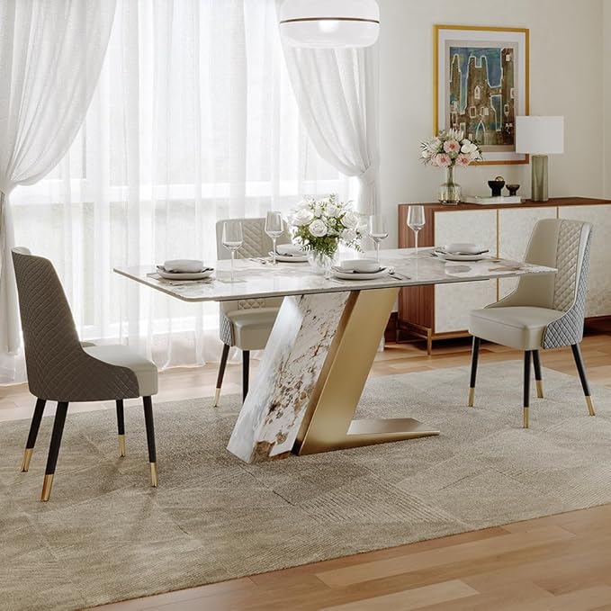 POVISON 63" Modern Luxury Gold Rectangular Dining Table for 4, Glossy Sintered Stone Tabletop, White and Gold Z-Shaped Stainless Steel Base (Dining Table Only)