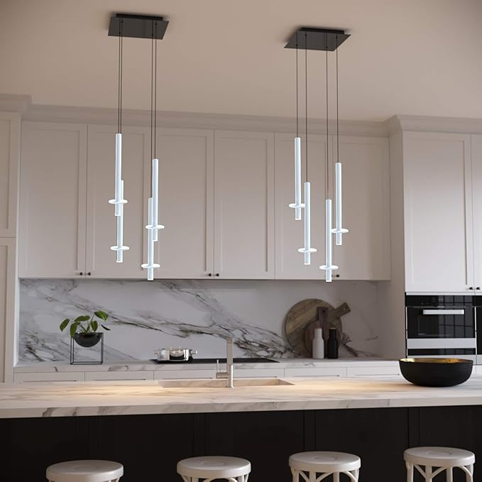 Draco 4 Pendant Lighting White – LED Hanging Light Fixture for Kitchen Island, Bar, Foyer – Equilateral Cluster of Mini Metal Rod Pipe Tube Cylinders – Dimmable, Adjustable Wire, Lamp Bulb Included