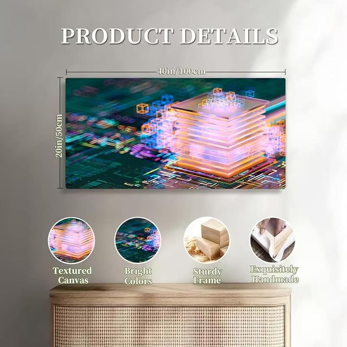Wibinuki Wall Art Wall Decor Wall Paintings Abstract CPU da cubes. Machine Learning s. AI - Artificial for Living Room Bedroom Bathroom Home Decor Can Be Hung Directly 20"x 40"