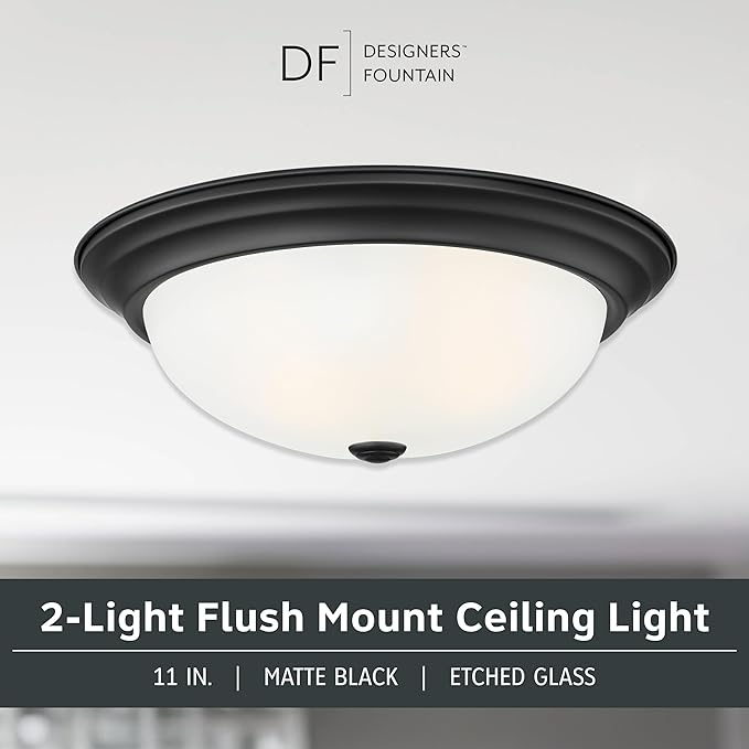 DESIGNERS FOUNTAIN Reedley 2-Lights Flush Mount Ceiling Light, 11 Inch Lighting Fixture for Kitchen, Bedroom, Bathroom, and Hallway, Matte Black with Etched Glass, 1257S-MB-W