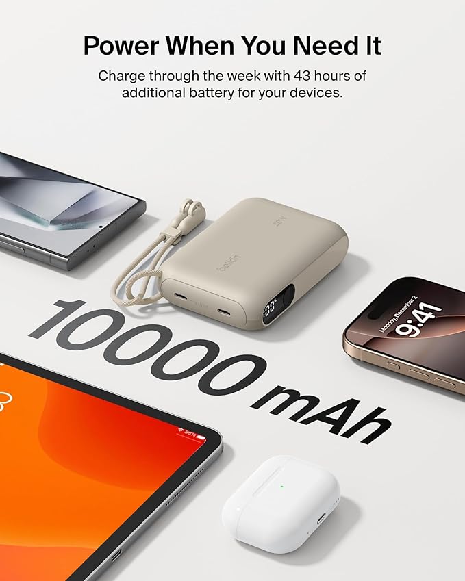 Belkin Portable Charger, Slim USB-C Power Bank 10,000mAh w/ 2 USB-C Ports, Digital Battery Display, 20W Charging Battery Pack - iPhone 17, Air, Pro, Samsung Galaxy S25, Pixel 10, iPad, & More - Sand