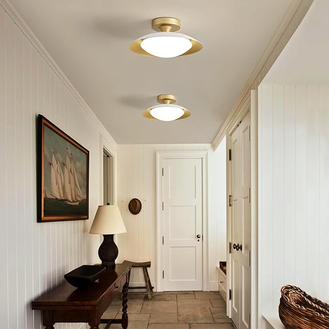 Dimmable Small Mid Century Modern Flush Mount Ceiling Light with Acrylic Shade,White and Gold LED Ceiling Lights,5CCT 2700K-6000K Light Fxiture for Hallway Entryway Bedroom Kitchen Laundry Room 11.8in