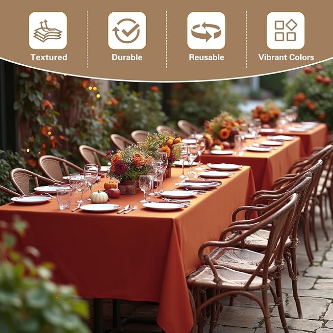 sancua 2 Pack Fall Tablecloth 60 x 102 Inch Rust, Rectangle Thanksgiving Burnt Orange Table Cloth for 6 Feet Tables - Stain and Wrinkle Resistant Washable Polyester Table Cover for Dining Parties