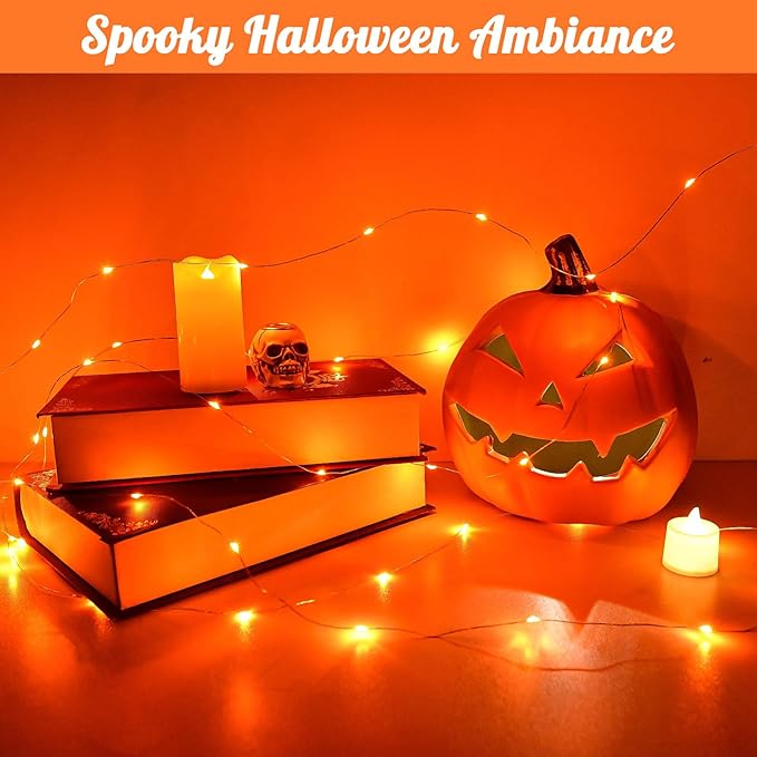 Halloween String Lights Outdoor Waterproof, Solar Fairy Lights 16.4ft 50LED 8 Modes Orange Halloween Lights for Yard Outside Pathway Patio Party Backyard Decorations