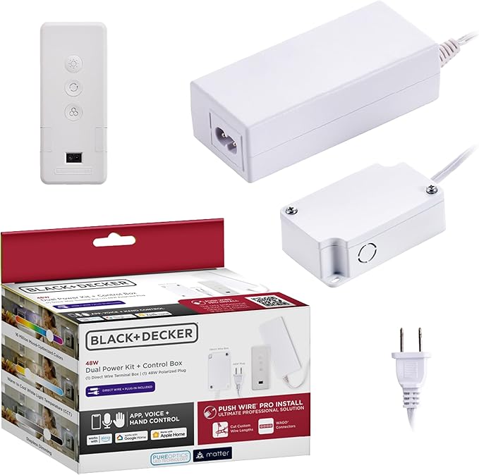BLACK+DECKER PureOptics Professional PUSH WIRE Matter Certified Smart Under Cabinet Lighting 2-in-1 Power Kit, 48W Plug-in and Direct Wire, Smart Control Box, Works with Alexa, Apple Home, Google Home