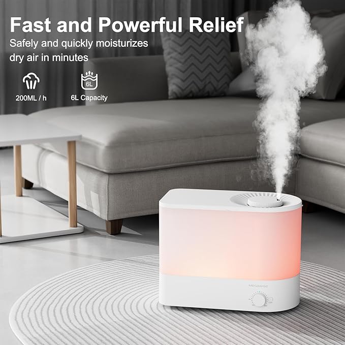 MEGAWISE 2025 Large Capacity Humidifier, 6L Top Fill Design, 50H Runtime, Ultra Quiet Large Capacity Cool Mist for Bedroom, Baby Nursery, Plants, Indoor, Easy to Clean & Fill (White)
