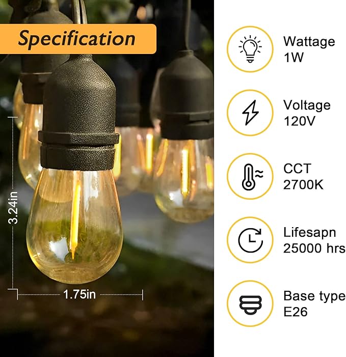 Jslinter 25 Pack Edison Bulb String Lights Outdoor, S14 Replacement Bulbs for Outdoor String Lights Waterproof 1W, E26 Base Led Light Bulb, 2700K Warm White Light Bulbs for Patio