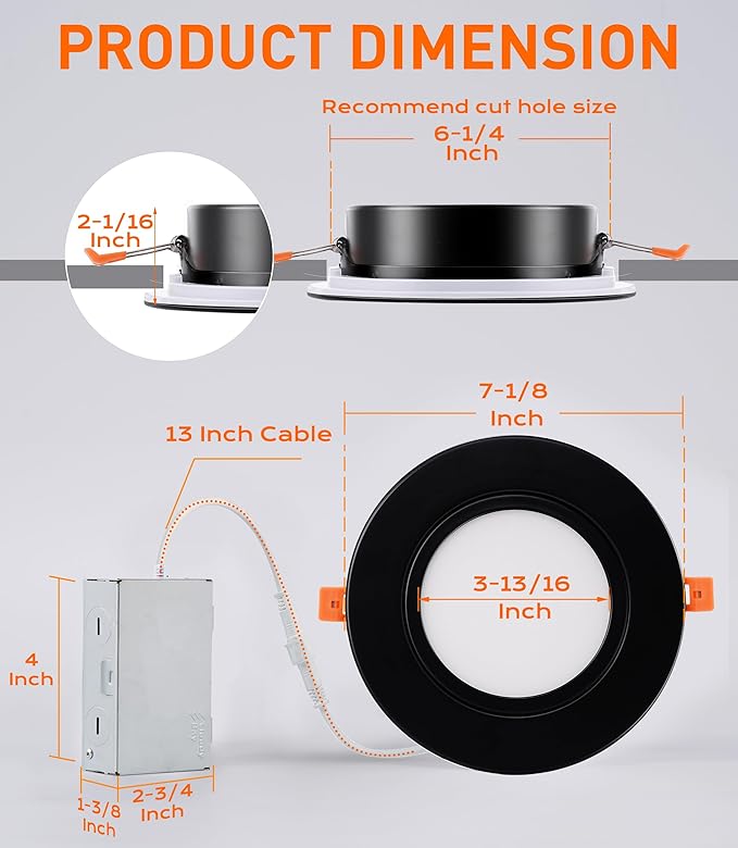[4 Pack] CLOUDY BAY 6 inch 5 Color Swivel LED Gimbal Recessed Light with Night Light,12W CRI80+ 850LM,2700K/3000K/3500K/4000K/5000K,Canless Angled Adjustable Ceiling Downlight,Black