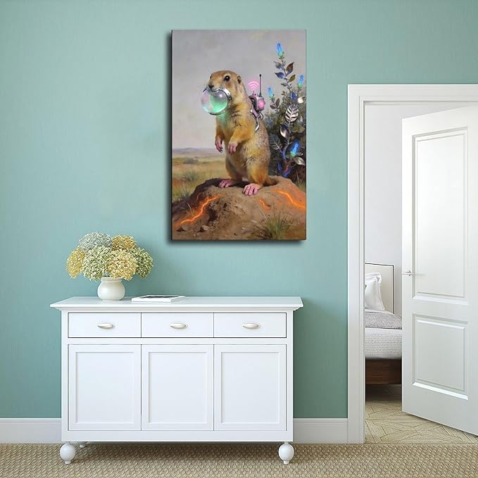 Framed Steampunk Mechanical Prairie Dog Wall Art - Retro-Futuristic Wilderness Poster for Living Room Game Room Decor 16x24inch(40x60cm)