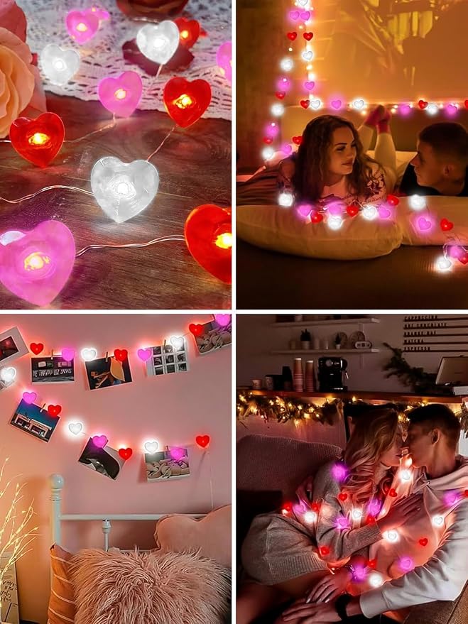 Red Pink White Heart Fairy Lights Battery Operated for Valentines Decor, 10FT 30 LED Battery String Lights with Timer Waterproof for Indoor Outdoor Valentines Proposal Anniversary Wedding Decorations