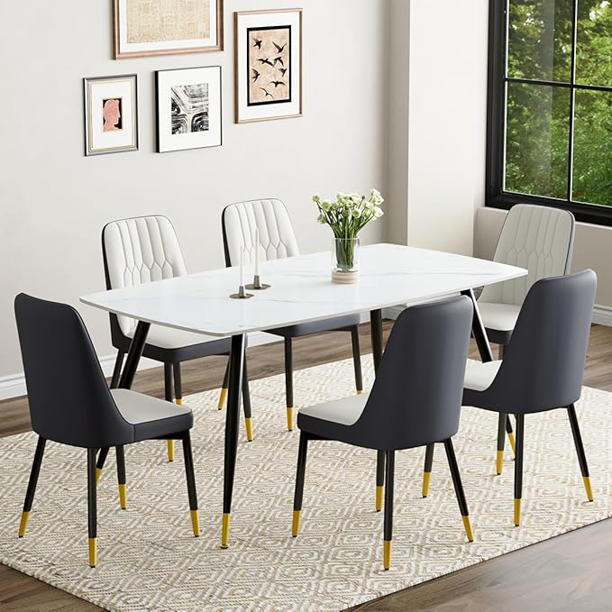 7 Piece Modern Dining Set, 62'' Sintered Stone Dinner Table for 6, 6 Chairs, Easy to Assemble