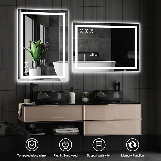 24x36 LED Bathroom Mirror with Lights, Anti Fog Vanity Mirror Wall Mounted, Dimmable Front Light and Backlight, Memory Function Tempered Glass, Shatter Proof ETL Listed
