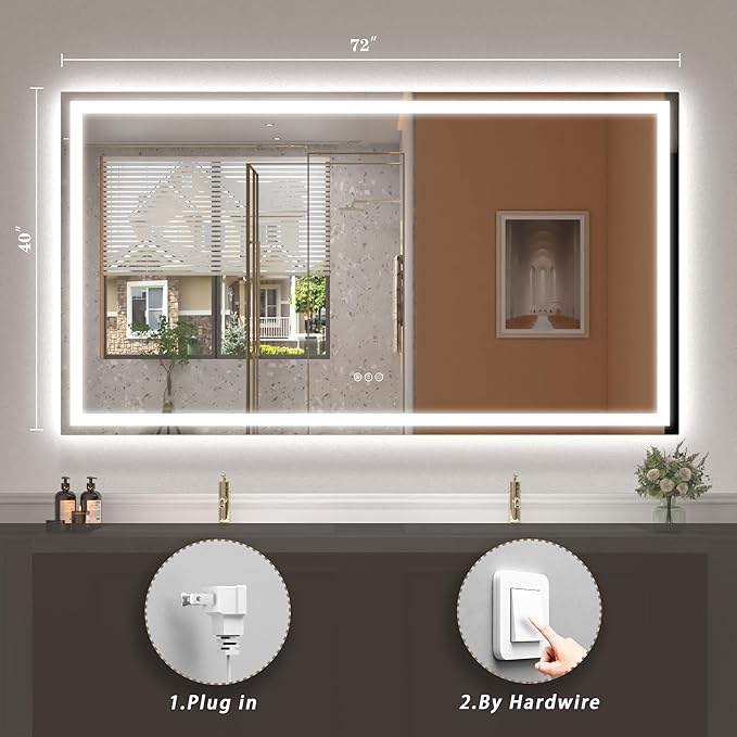 LED Bathroom Mirror for Wall 72x 40, Large Lighted Vanity Mirror with Lights, Dimmable, Anti-Fog, Shatter-Proof, ETL Listed (Front + Backlit)