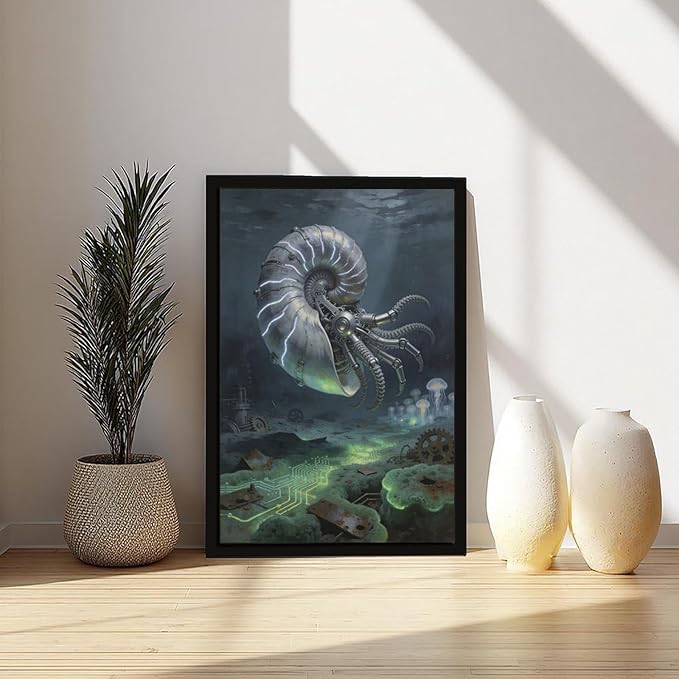 Framed Steampunk Mechanical Nautilus Wall Art - Underwater Industrial Poster for Man Cave Studio Decor 12x18in