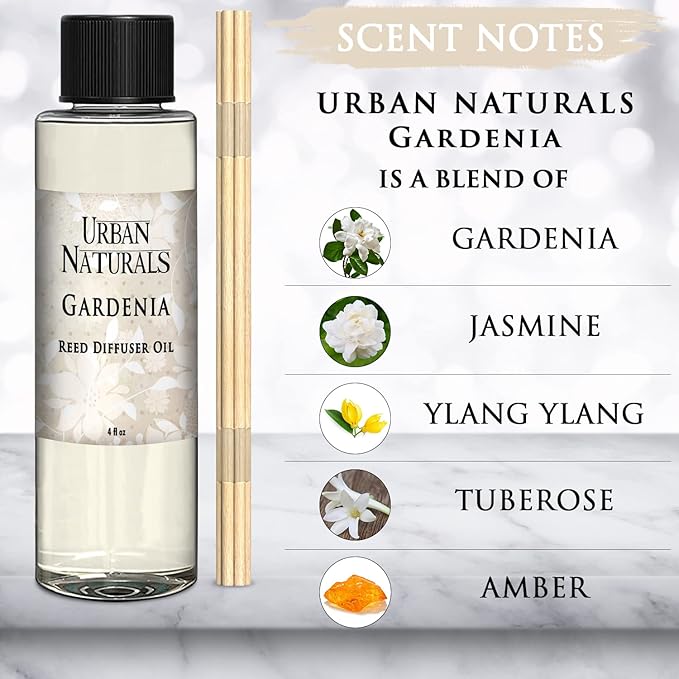 Urban Naturals Gardenia Scented Oil Reed Diffuser Refill | Includes a Free Set of Reed Sticks! Jasmine, Ylang Ylang, Tuberose & Amber Notes | 4 oz