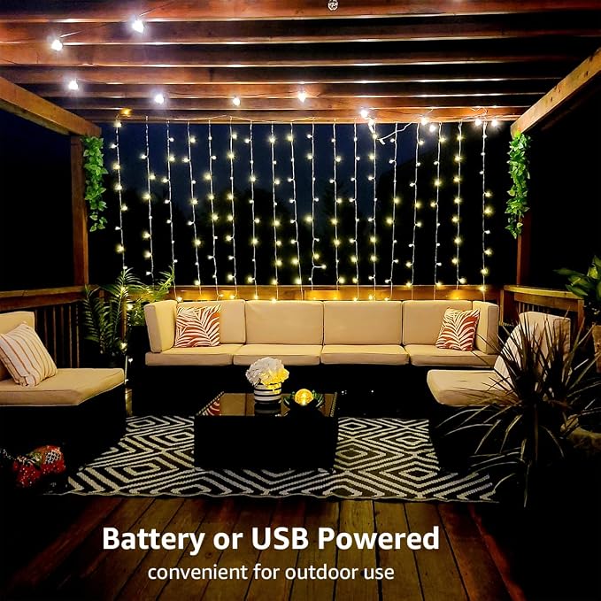 LE Fairy Curtain Lights Battery Operated & USB Plug in, Remote 10 x 10 ft Hanging String Lights for Bedroom Wall, 300 LED Indoor Outdoor Twinkle Lights for Wedding Party Backdrop Tent, Patio, Gazebo