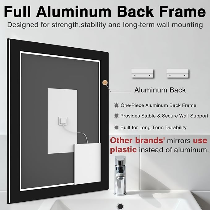 55x36 LED Bathroom Mirrors for Wall -Black Aluminum Trim (Front and Backlit), Anti-Fog Light Up Mirror,Stepless Dimmable Lighted Mirror,3 Colors Smart Mirror(Horizontal/Vertical)