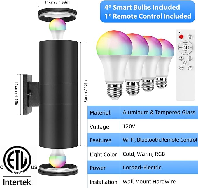 SHIMR Modern Outdoor Wall Lights Color Changing 2 Pack, RGBCW Smart Outdoor Lights Ambiance Sconce with Remote Control, Black Aluminum Exterior Lighting Fixtures Up and Down Lights [ETL Listed]
