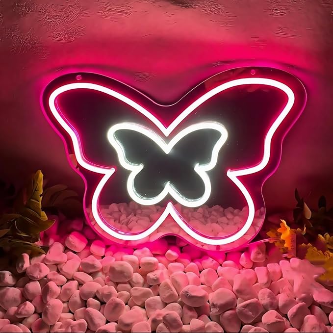 LED Mirror Neon Lights Light Up Dressing Mirror Cat/Shine Heart/Bat/Butterfly Shape Neon Mirror Sign for Modern Home Girl Room Bathroom Salon Wall Art Decor Gift For Girlfriend USB Powered