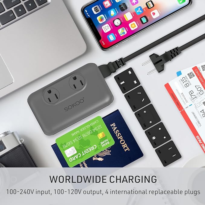 SOKOO 230-Watt Step Down 100-220V to 110V Voltage Converter, International Power Converter/Travel Adapter- Use for EU/UK/AU/US/India More Than 150 Countries, USB Quick Charger 3.0 Grey