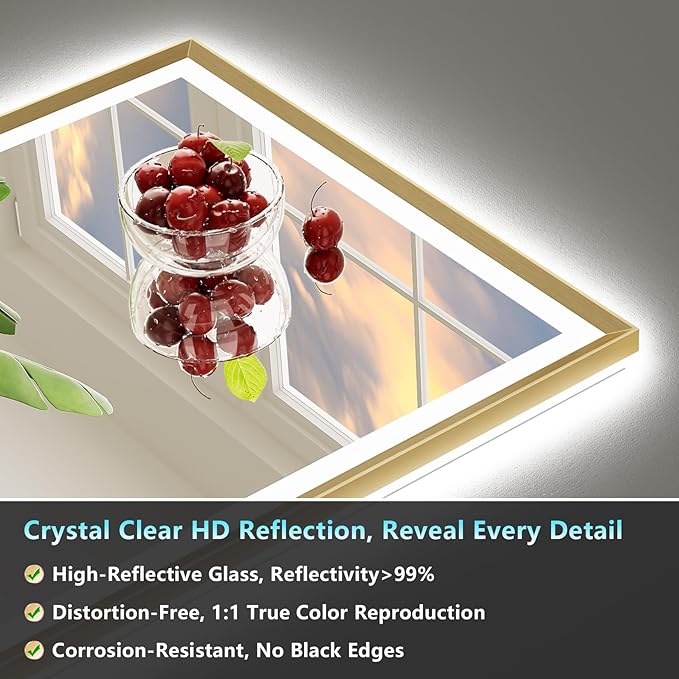 48x40 Gold Beveled LED Bathroom Mirror with Lights, Brushed Gold Framed Backlit and Front Lit Anti-Fog Lighted Vanity Mirrors for Bathroom Wall, Dimmable, 3 Colors, Memory, HD Tempered Glass