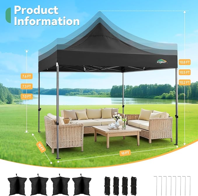 COBIZI 10x10 Heavy Duty Pop up Canopy Tent with 4 Sidewalls, Easy Set-up Commercial Outdoor Party Tent, 100% Waterproof Wedding Canopy Gazebo, 3 Height Adjustable with Wheeled Bag, Black