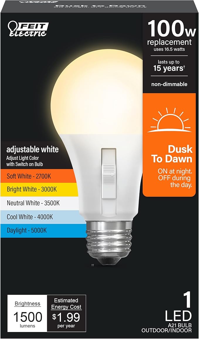 Feit Electric LED Dusk to Dawn Light Bulb, A21 100W Equivalent, 5CCT, Non-Dimmable, E26 Medium Base, 90 CRI, 1500 Lumens, Adjustable White, 15 Years Lifetime, OM100/5CCTCA/DD/LEDI