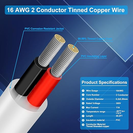 16 Gauge 2 Conductor Electrical Wire, 49.2FT Low Voltage 16/2 Tinned Copper Stranded 2 Wire Cable, 16 AWG White Flexible Extension Power Cord for Automotive, LED Lamp, Outdoor Landscape Lighting Etc