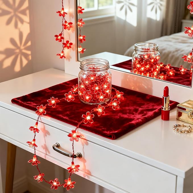 Battery Lighted & USB Plug in Fairy Flower String Lights, 9.8 ft 30 LED Cute Cherry Blossom Lights with Timer Indoor Bedroom Party Wedding Christmas Easter Tree Branch Hanging Decorations (Red)