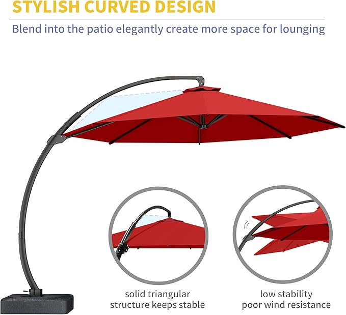Kingdura 11ft Offset Cantilever Patio Umbrella with Base Included, Large Round Aluminum Outdoor Umbrella, 360° Rotation & Infinite Tilt, Heavy Duty Frame for Deck Pool Backyard, Red