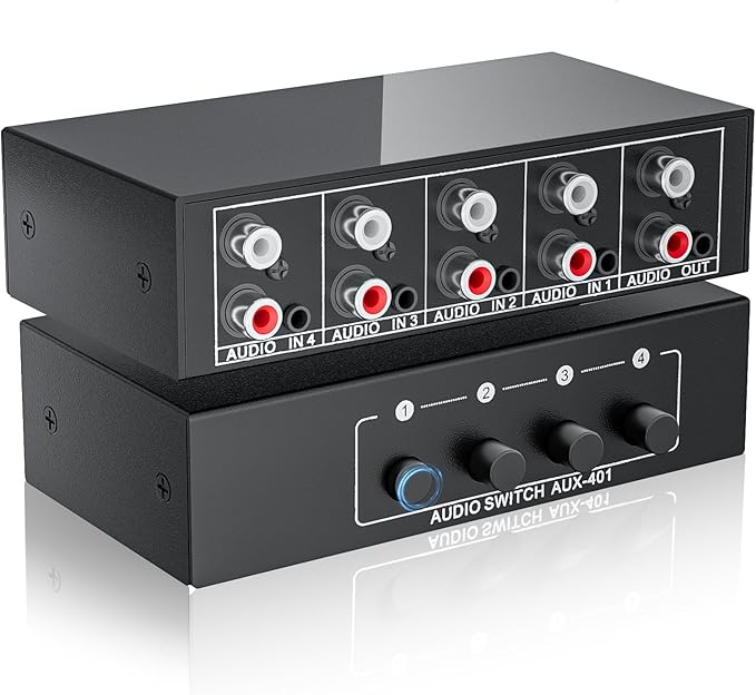 3.5mm Aux + RCA L/R Audio Switch Box 4 in 1 Out Bidirectional, BolAAzuL Stereo Audio Switcher Selector 4X1 Passive a/b Analog Audio Selector No Power Need