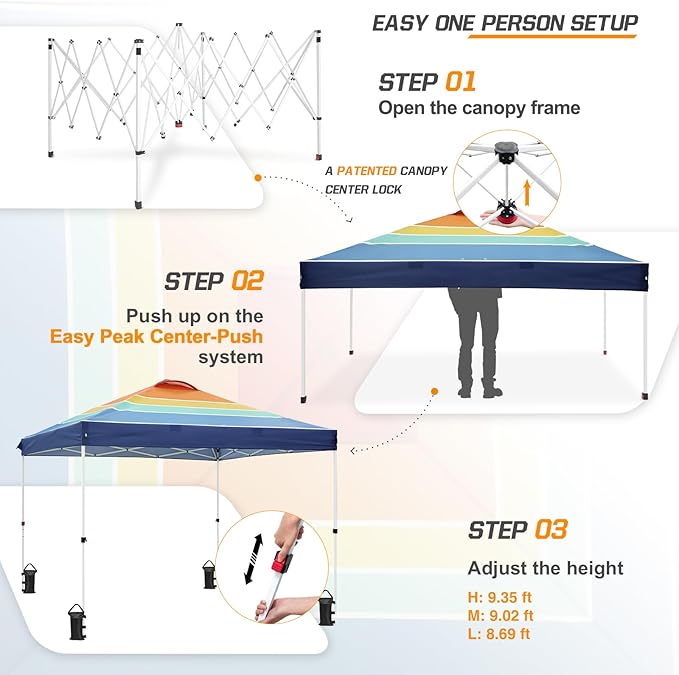 EAGLE PEAK Pop Up Canopy Tent with Wheeled Carry Bag, 8 Stakes, 4 Ropes, 4 Weight Bags, Easy Set Up Tent Canopy, 10x10 ft, 100sqft of Shade, Retro Stripe Multi