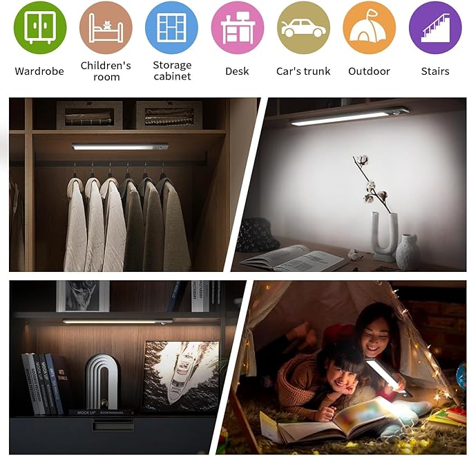Motion Sensor Under Cabinet Lighting-Magnetic Rechargeable Closet Lights for Kitchen,Stairs,Wardrobe | 3-Color Dimmable LED Under Counter Lighting | Cord-Free Light Bars