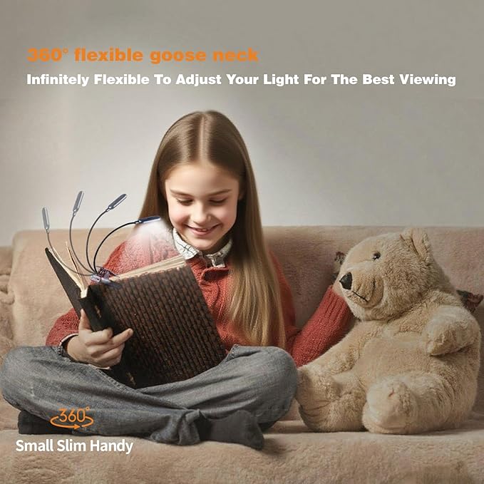 VAVOFO Rechargeable Book Light for Reading in Bed Kids, 7 LED Reading Light with 9-Level Warm Cool White Daylight, Eye Care Lamp with Power Indicator for Bookworms (Metallic Grey)
