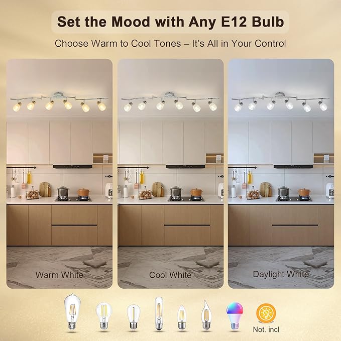 HiBay 6-Light Track Lighting, Flexible Ceiling Light Fixture w/Glass Shades, Modern Chrome Track Spot Lights Indoor for Kitchen, Living Room, Bedroom, E12 Base, No Bulbs
