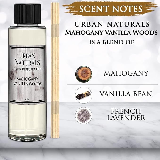 Urban Naturals Mahogany Vanilla Woods Scented Oil Reed Diffuser Refill with Free Set of Reed Sticks. Fresh Mahogany, Smoked Vanilla and Clean Lavender Scent Notes for a Clean Smelling Home, 4 oz