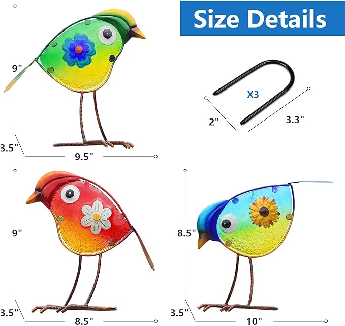 Bird Garden Decor for Outside, Glass & Metal Yard Art Decorations Outdoor Decor for Patio Backyard, Gift for Women Grandma Mom（3 Pack）