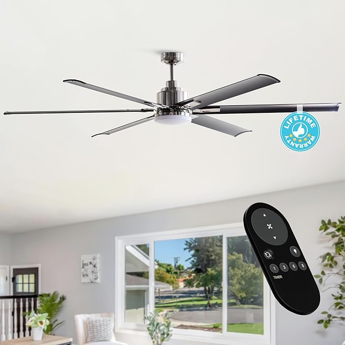 Ceiling Fans with Lights and Remote, 72 Inch Industrial Ceiling Fan for Living Room Bedroom Outdoor Ceiling Fans for Patios, LED Lighting Ceiling Fans, DC Motor Reversible 6 Blades, Brushed Chrome