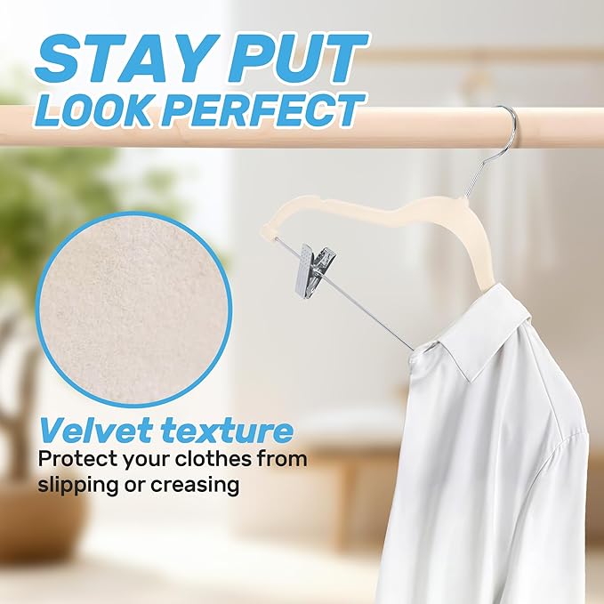 Velvet Pants Hangers 20 Pack with Adjustable Clips, Space-Saving Slim Felt Clothes Hangers, Heavy Duty & Non-Slip Flocked Hangers for Pants, Skirts, Dresses and Jeans(Beige)